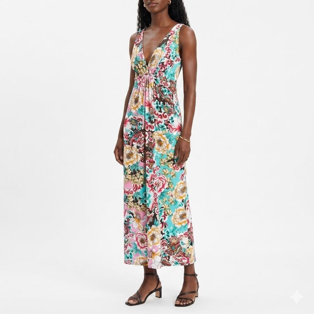 Natori Private Luxuries Multicolored V-Neck Maxi Dress Size XS Romantic Floral